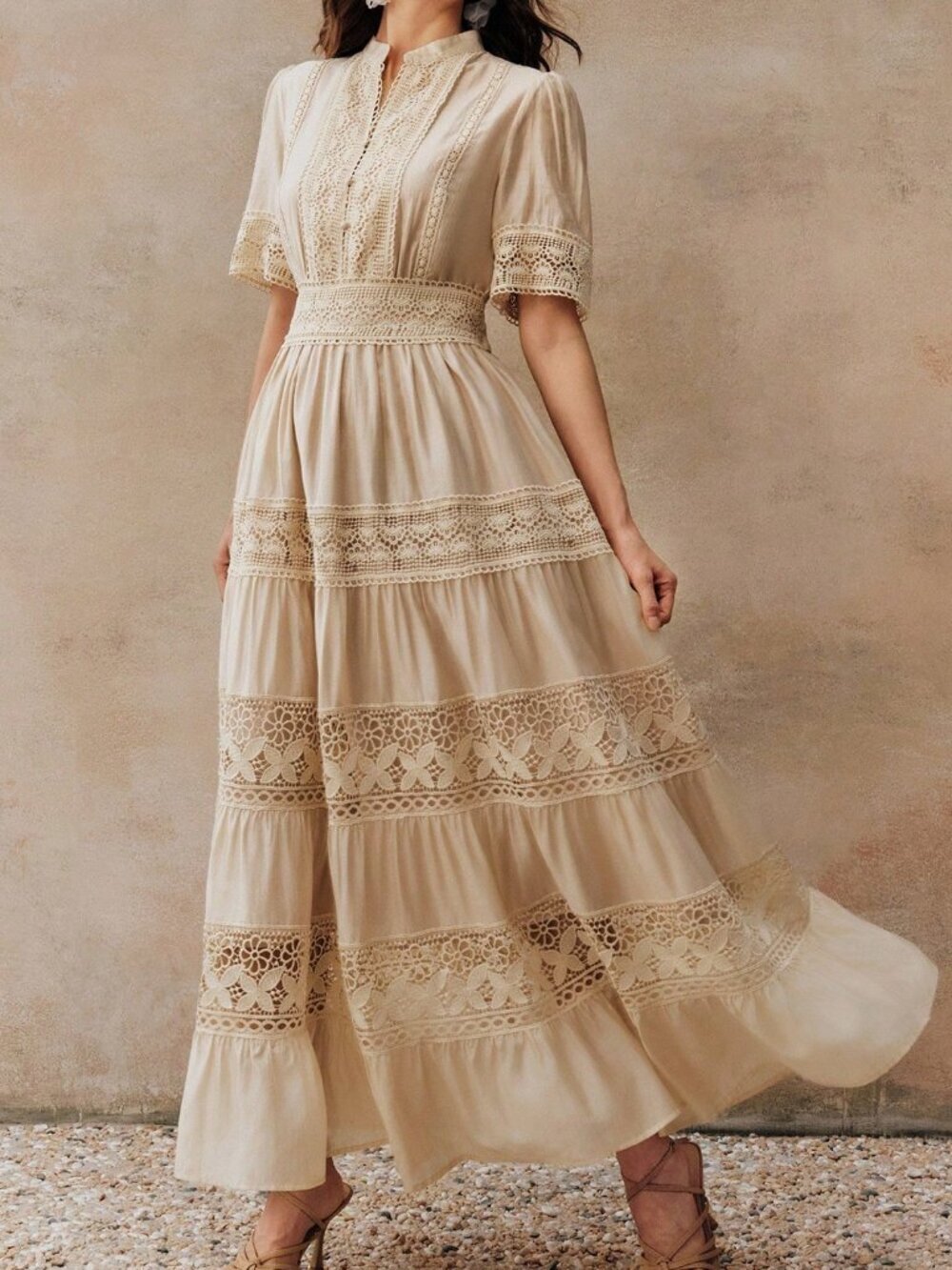 Apricot Boho Women's Elegant Lace Patchwork Dress - Picture 6 of 6